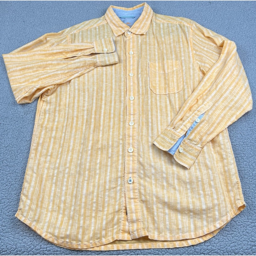 Tommy‎ Bahama Relax  Shirt Mens Large Orange Button Linen Blend Hawaiian Beach